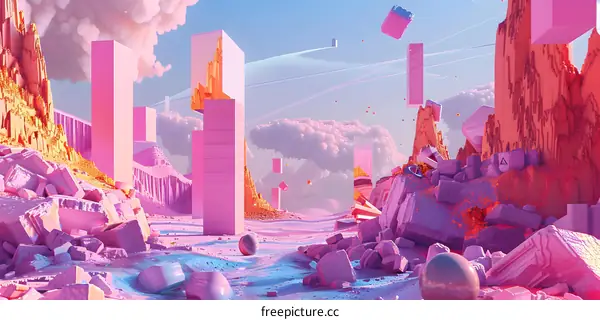 Surreal Landscape with Geometric Shapes and Pink Clouds