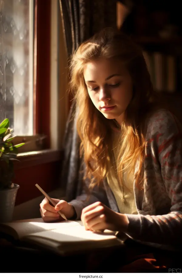 Young student girl studying and writing notes at home