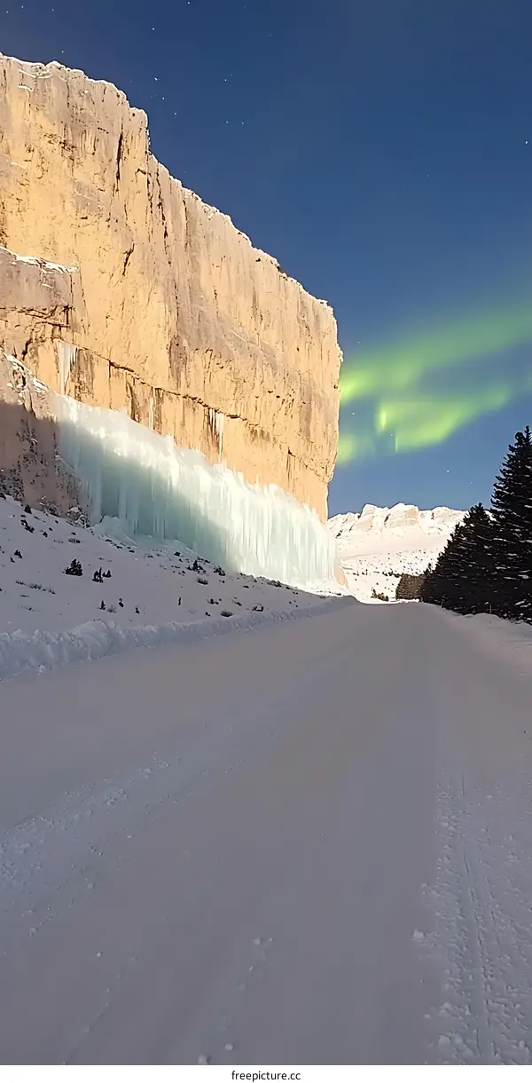 Frozen Waterfall with Northern Lights in the Background