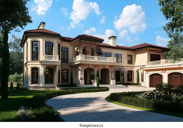 Luxury Home with Stone Facade and Balconies