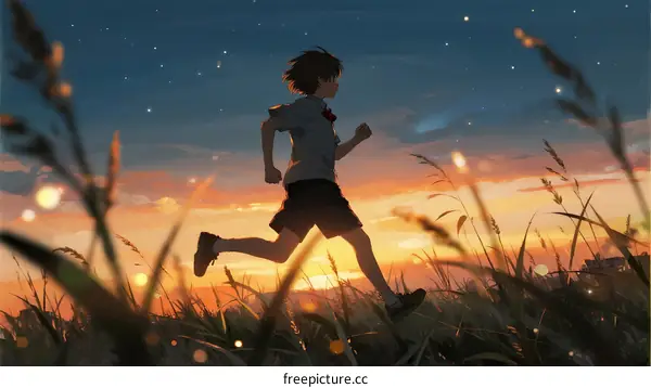 A Young Boy Running Across a Golden Grass Field at Sunset