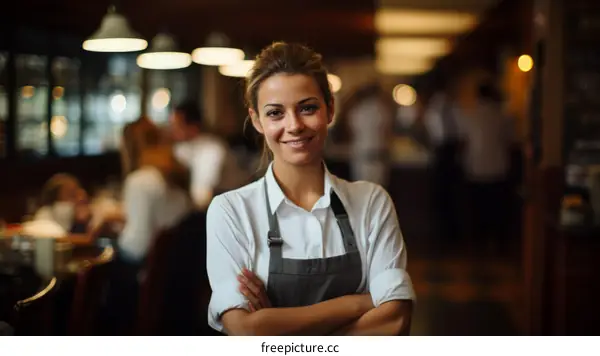Portrait of a young female chef smiling in a restaurant