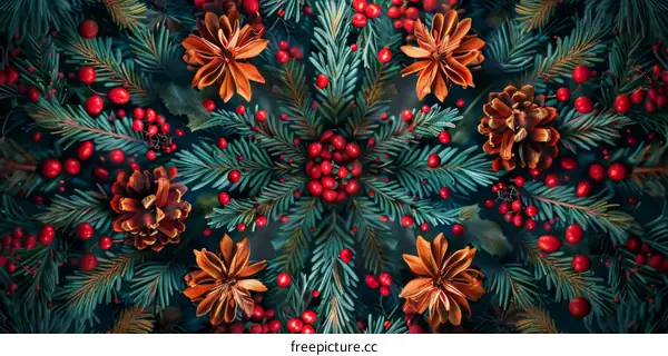 Christmas Background with Fir Branches, Pine Cones and Red Berries