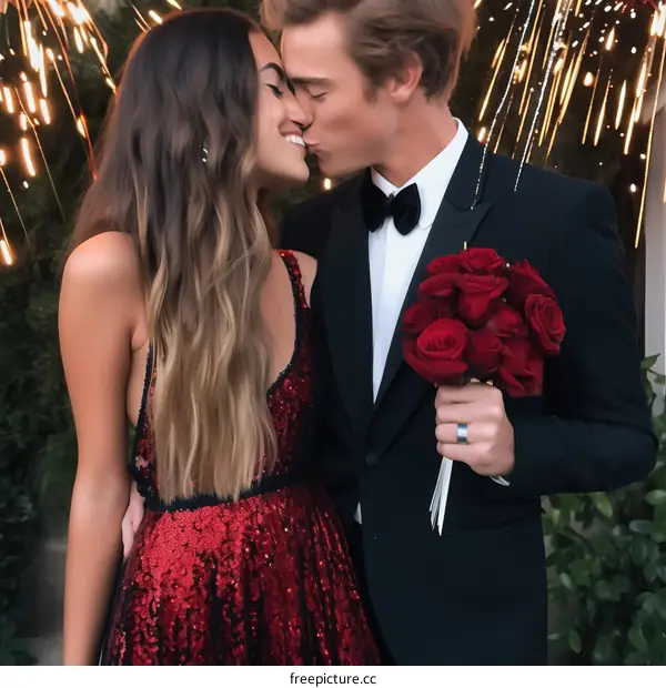 An elegant couple kissing in front of fireworks