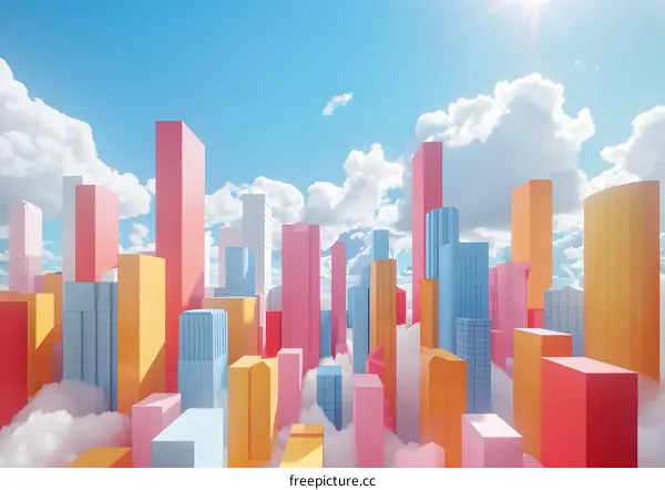 Colorful city skyline under sunny day