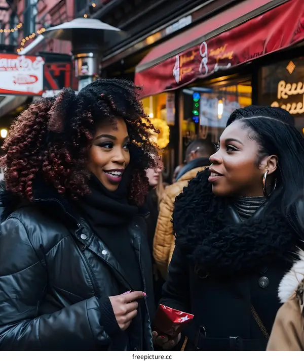 Two African American Women Friends Talking In A Busy City Street