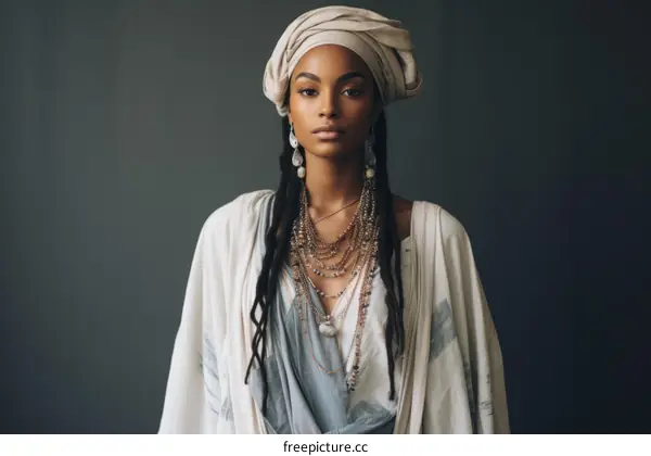 Portrait of a beautiful black woman wearing a head wrap and traditional African clothing