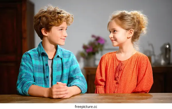 Two Children Sitting at a Wooden Table