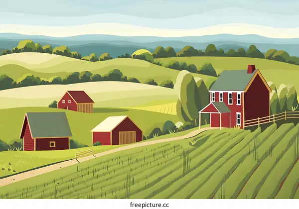 Red Farmhouse on a Hill with Green Fields