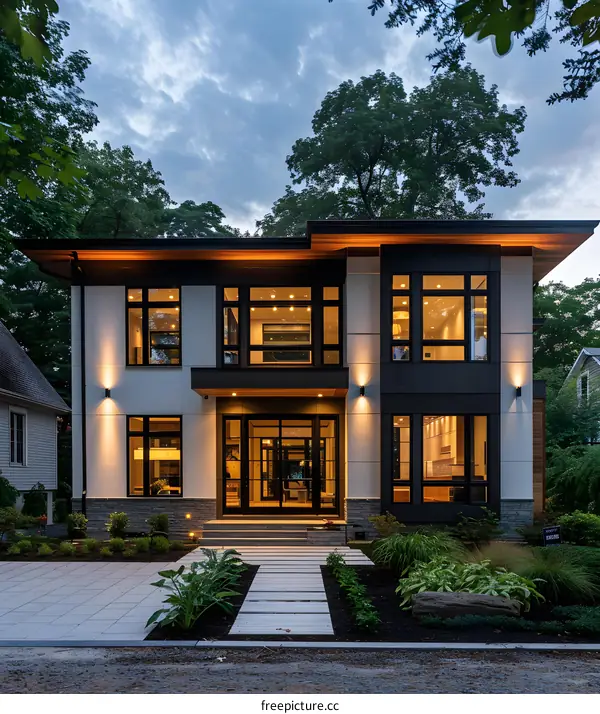 Modern Two Story Home with Large Windows and Stone Facade