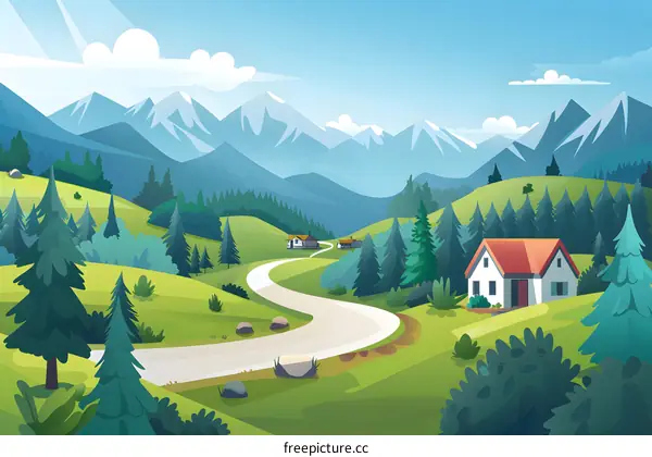 Winding Road Through Mountain Valley With Houses