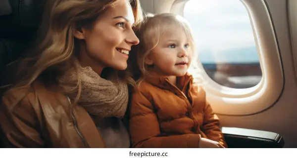 A mother and her child are looking out the window of an airplane.