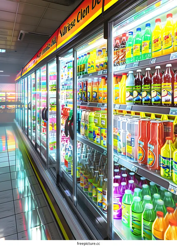 Refrigerated Drinks Display In A Convenience Store