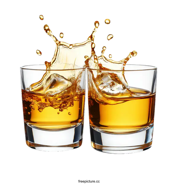 [Transparent Background PNG]Two Whiskey Tumbler Glasses with Splashing Liquid