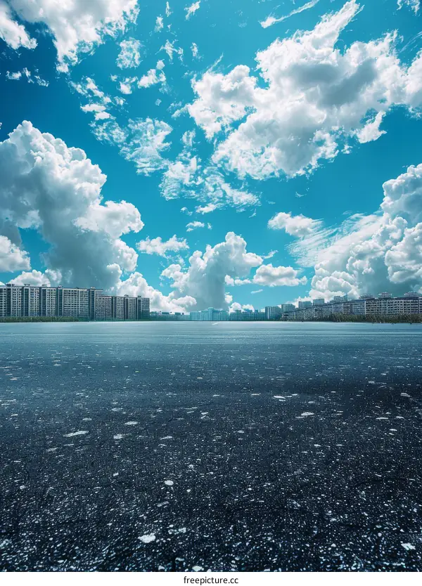 Urban Parking Lot with Empty Spaces Backdropped by Apartment Buildings