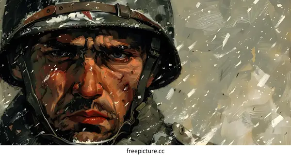 Portrait of a soldier wearing a helmet in the snow