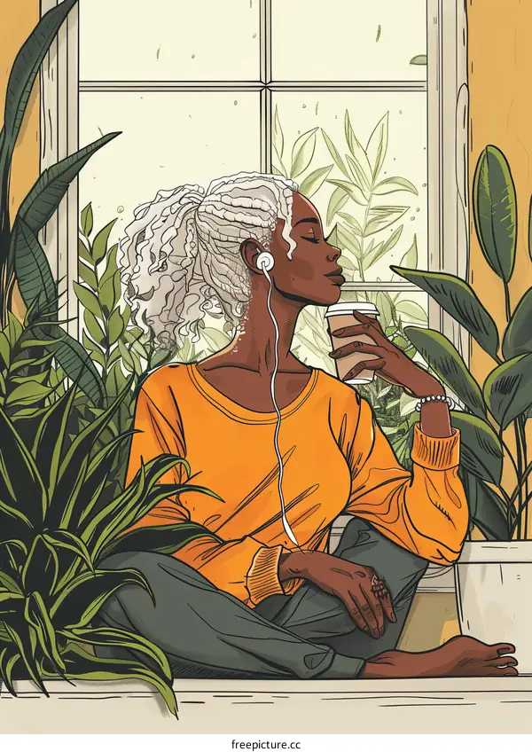 Black Woman Relaxing with Music and Coffee by the Window