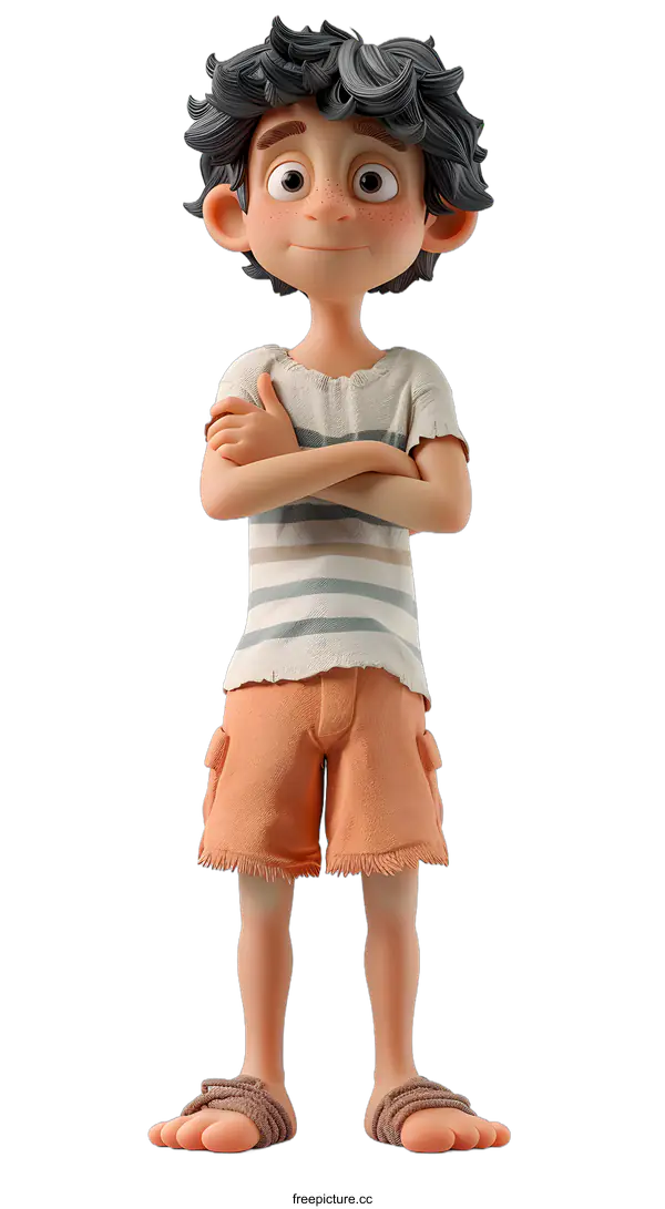 [Transparent Background PNG]Cartoon Boy Character with Curly Hair and Striped Shirt