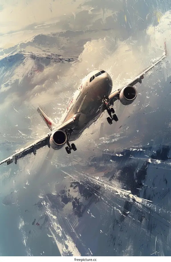 Airliner flying over snow-capped mountains