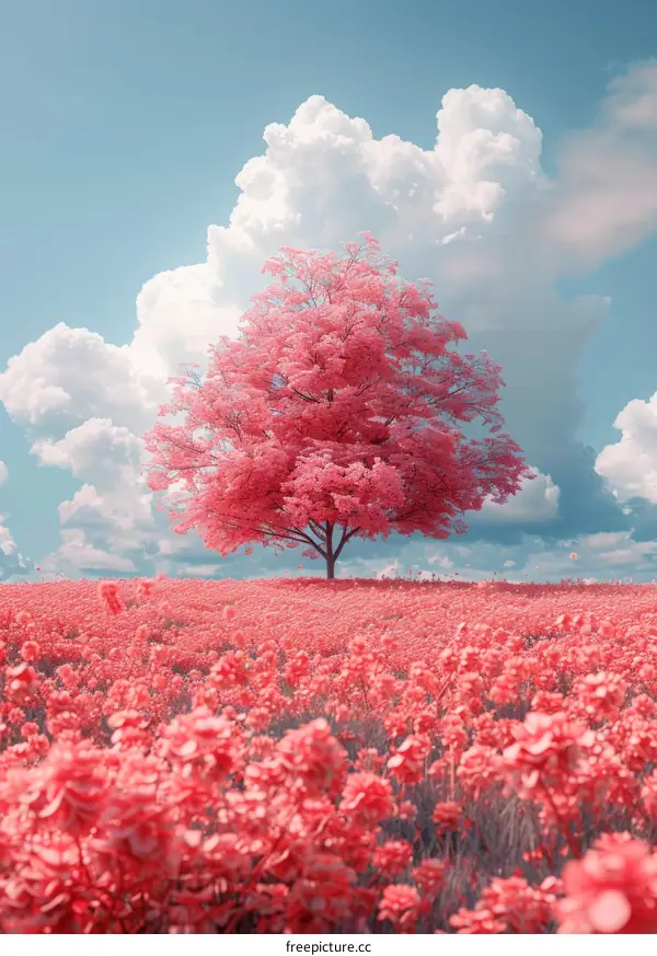 Pink Field with a Pink Tree Under a Cloudy Sky