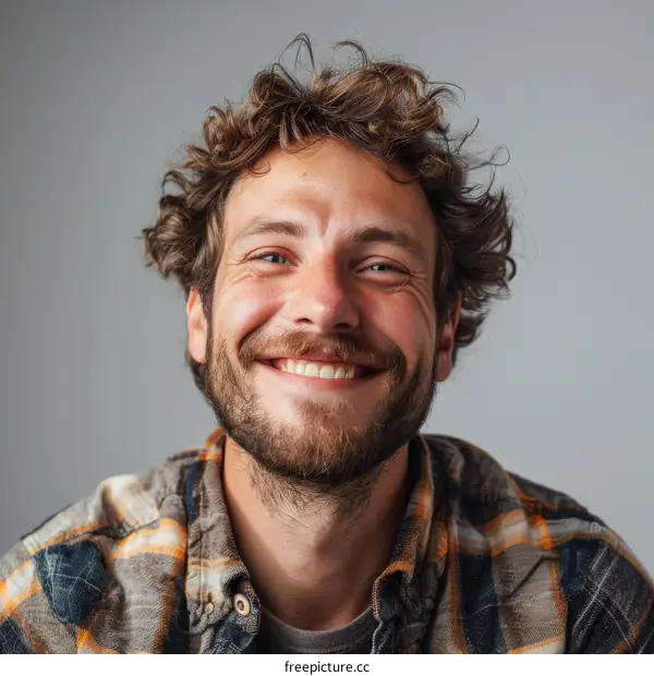 Portrait of a Happy Young Man with Curly Hair