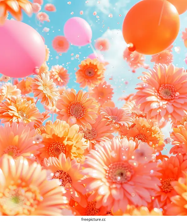 Vibrant Bouquets of Orange and Pink Flowers with Balloons