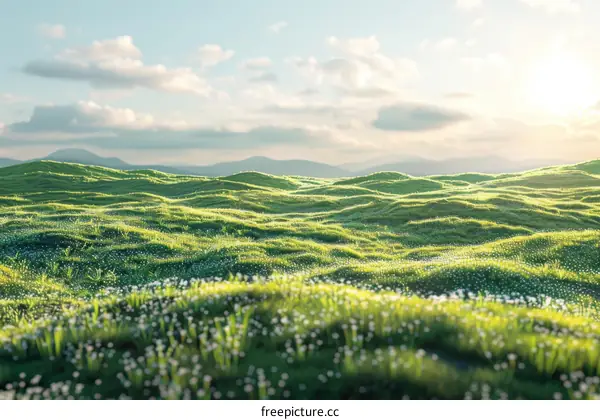 Rolling green hills under a blue sky with white clouds