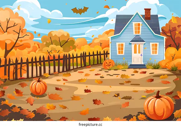 Autumn House with Pumpkins and Falling Leaves