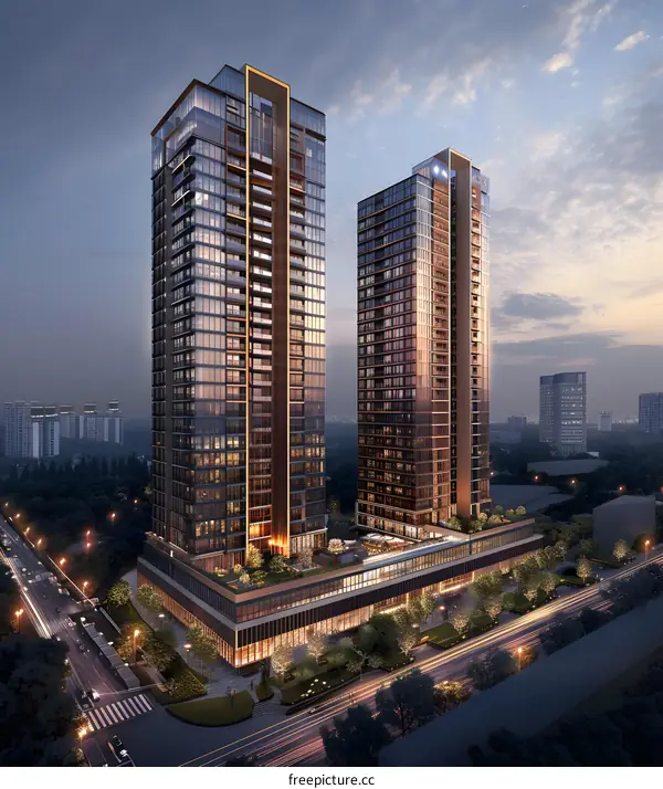 Two skyscrapers with glass curtain walls reflecting the city skyline