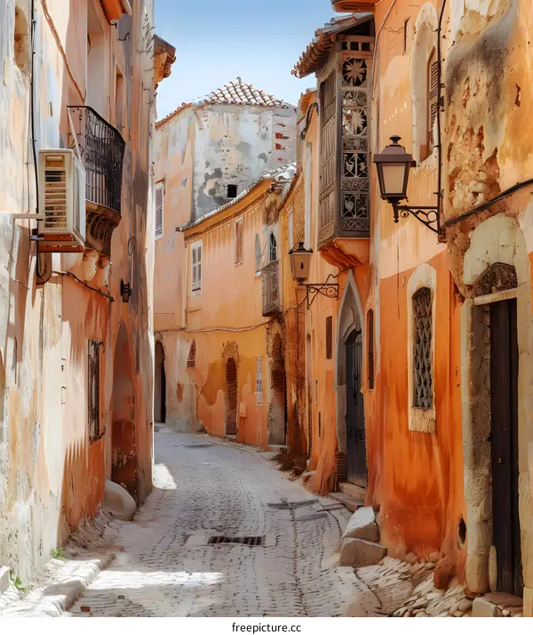 Narrow Cobblestone Street In Old Town With Colorful Buildings