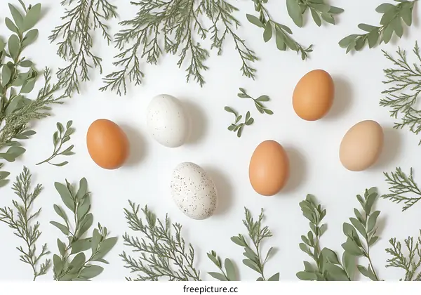 Easter Eggs Arranged with Greenery on White Background