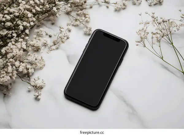 Black Smartphone with White Flowers on Marble Surface