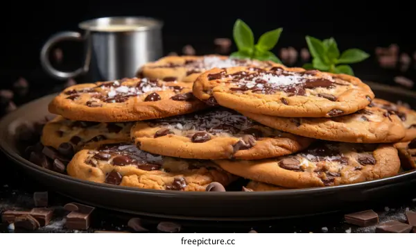 A plate full of chocolate chip cookies