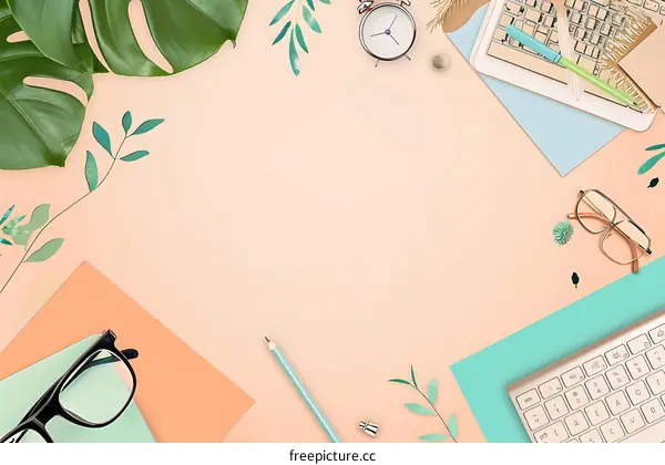 Flat Lay with Office Supplies, Leaves, and Pastel Colors