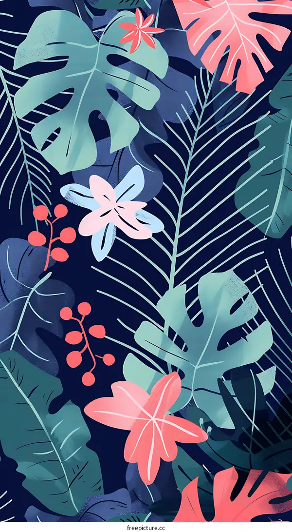 Tropical Leaves and Flowers Seamless Pattern Illustration