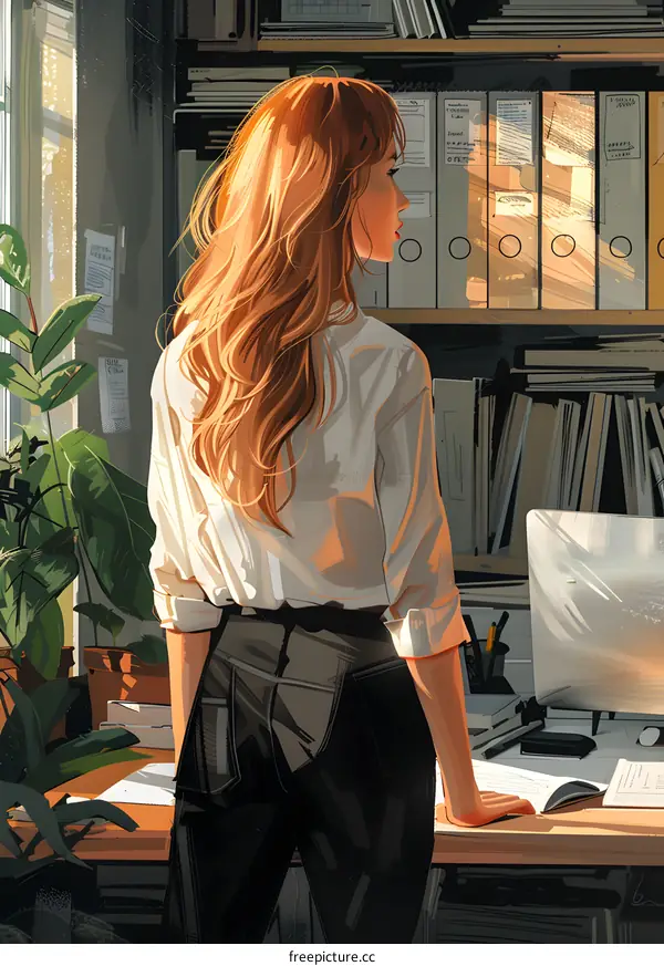 A woman standing in front of a bookshelf