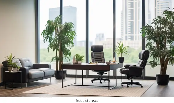Modern office interior with large windows and a city view