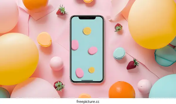 Flat Lay of Colorful Balloons, Fruits and Macarons with Smartphone