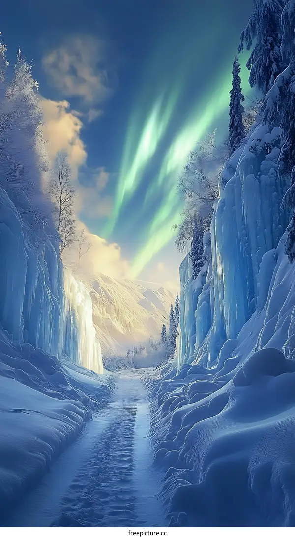 Snowy Path With Aurora Borealis In The Background