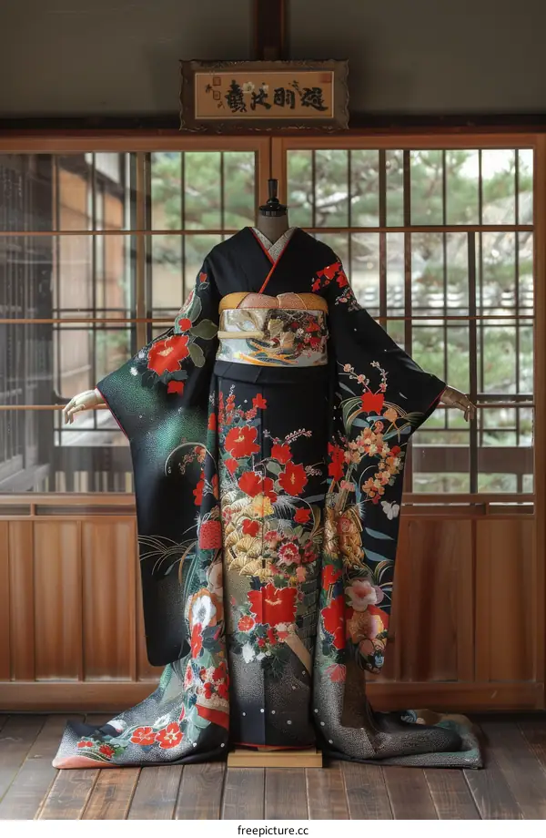 A kimono with a floral pattern displayed on a mannequin