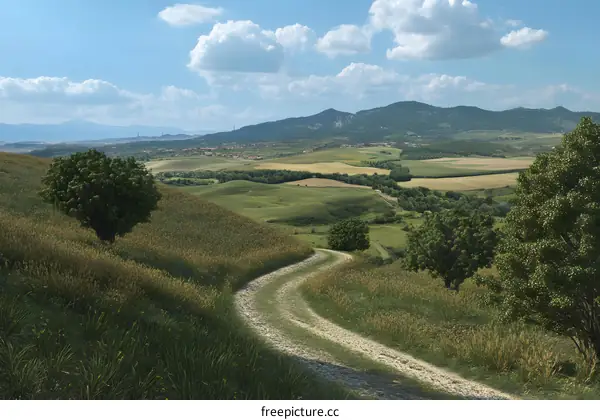Green Hills and Winding Dirt Road in Rural Landscape