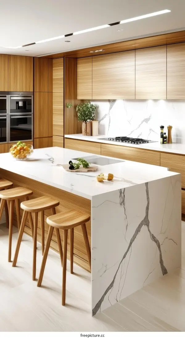 Modern Kitchen Island with Wooden Cabinets and Marble Countertop