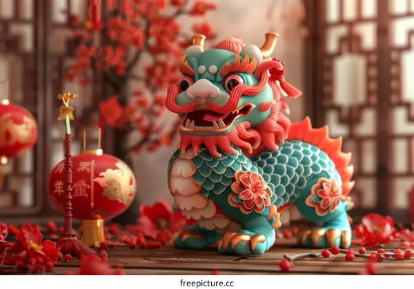 A Festive Kirin and Red Lantern for Good Luck