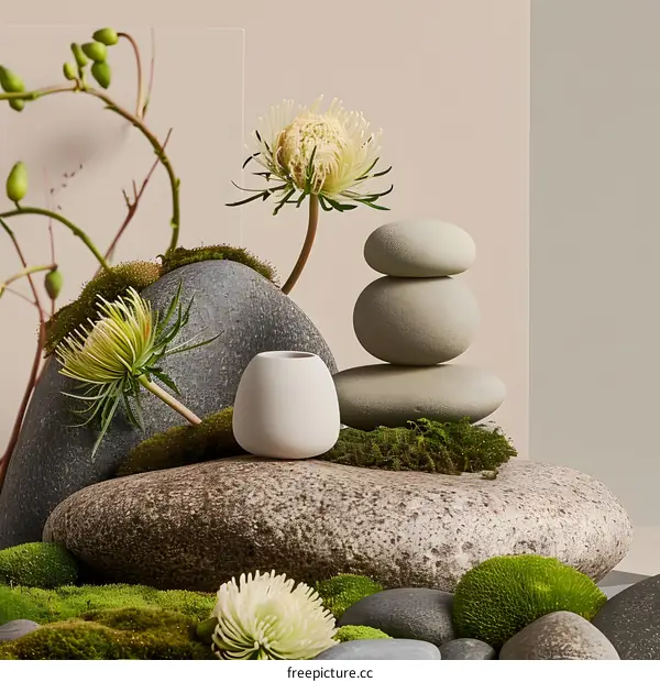 Zen Stones And Flowers In Minimalist Still Life