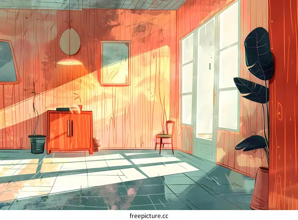Sunlight Shining Through Wooden Window in Empty Room Illustration