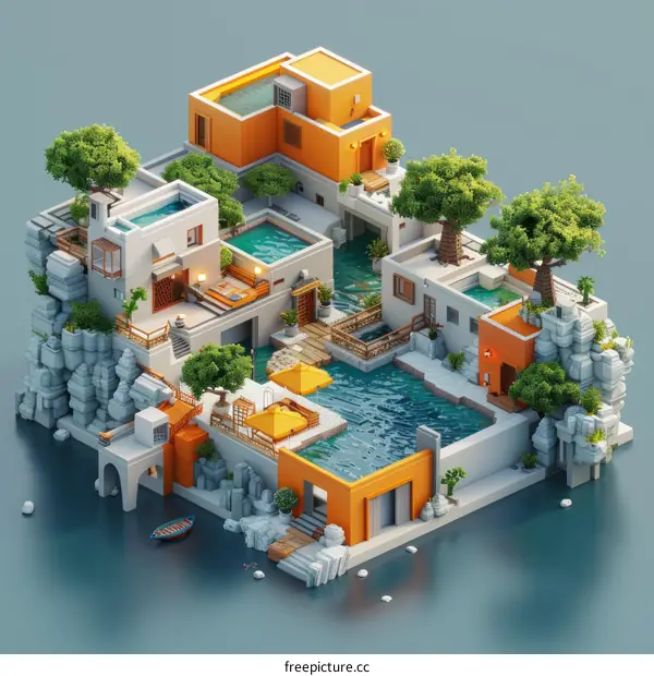 Isometric illustration of a luxury resort with pools and cabanas