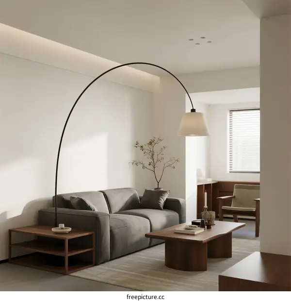 Modern minimalist living room with gray sofa and arch floor lamp