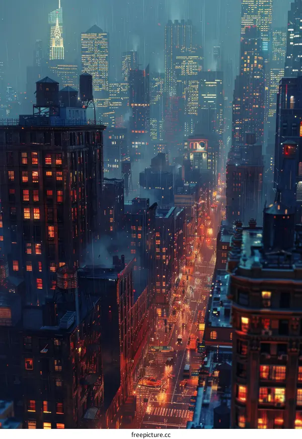 Rainy Night Cityscape Illustration