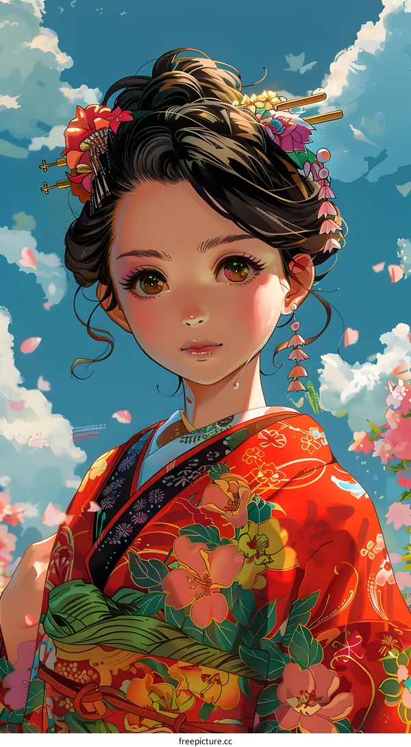 An illustration of a Japanese anime girl with brown hair and brown eyes, wearing a red kimono with floral patterns and a green obi.