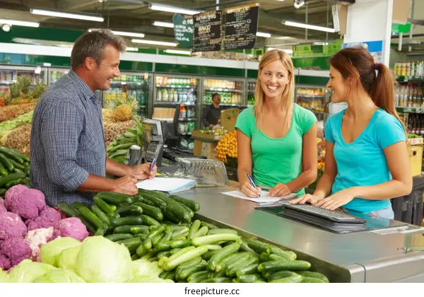 Grocery Store Staff Working at Produce Counter